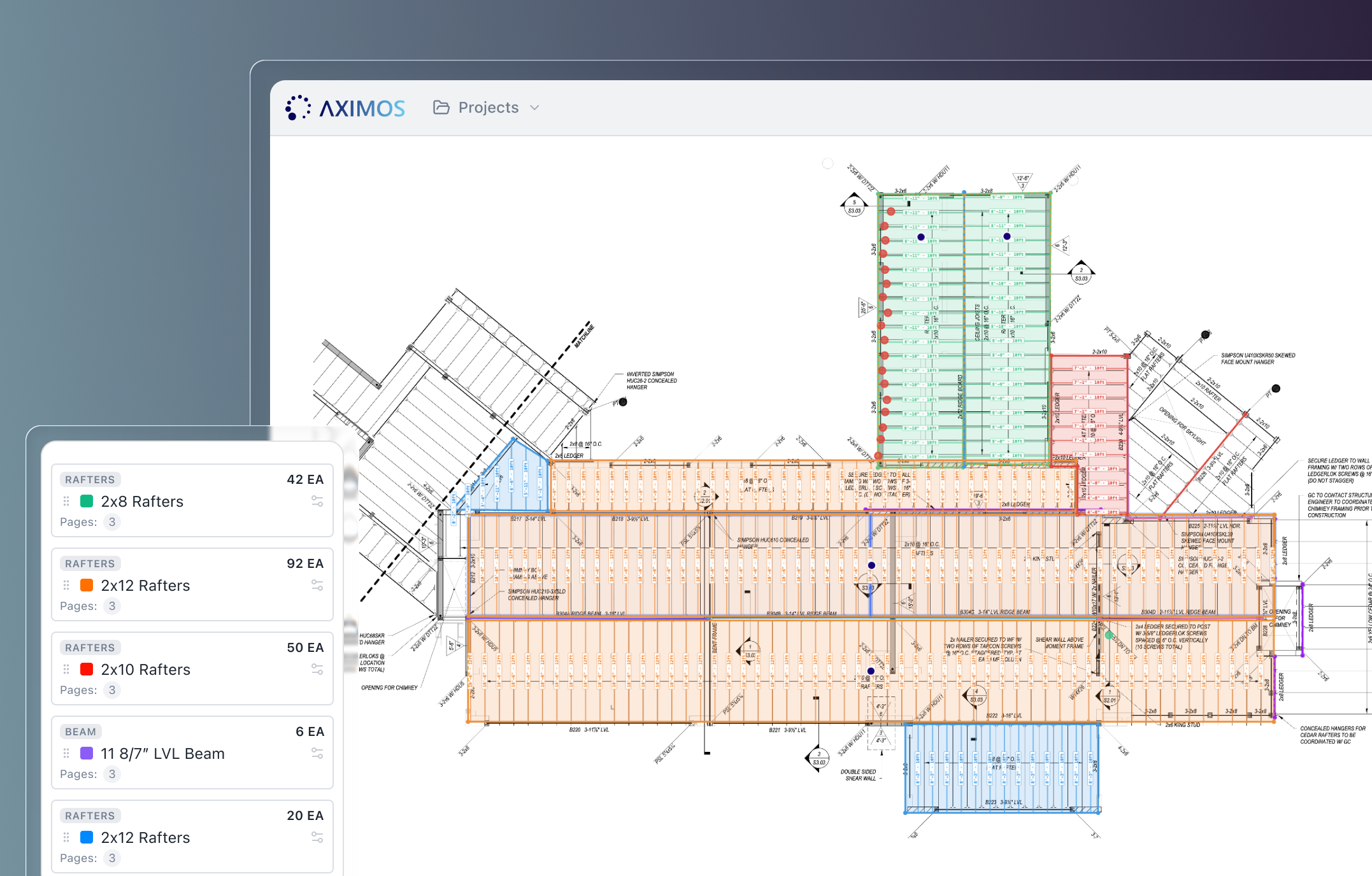 Aximos single-family framing takeoff — marked-up plan with material quantities